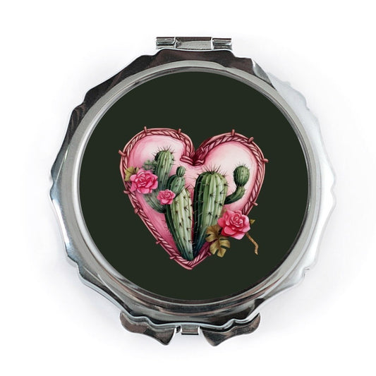Cactus Love Pocket Mirror, Heart and Roses Makeup Mirror, Floral Compact Mirror, Southwestern Style Mirror, Gift for Her, Cute Mirror - Tawshia