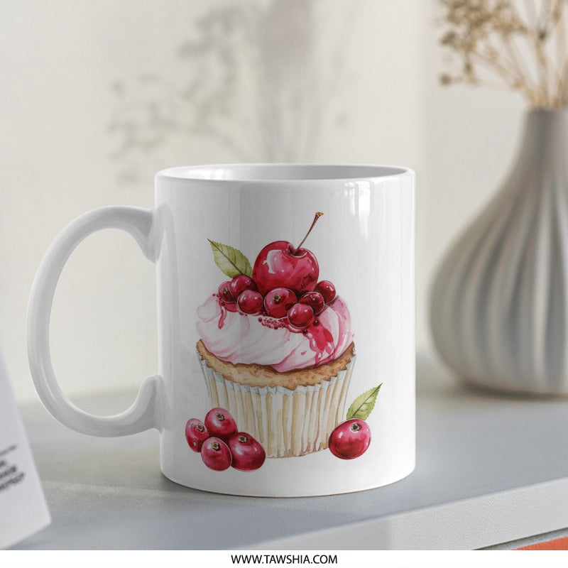 Cherry Cupcake Mug, Watercolor Dessert Coffee Cup, Sweet Treat Mug, Baking Lover Gift, Foodie Mug, Artistic Mug, Kitchen Decor, Unique Mug - Tawshia