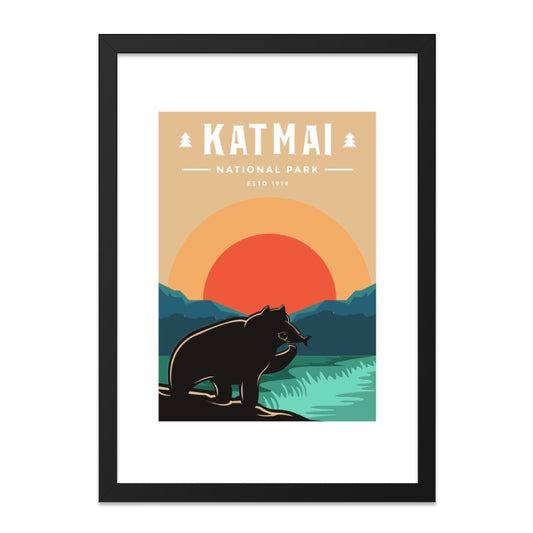 Katmai National Park Wall Art, Bear Landscape Print, Travel Poster Decor, Alaska Art, Nature Illustration, Vintage Style Artwork - Tawshia