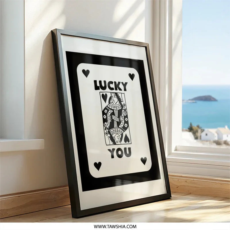 Lucky You Wall Art, Queen of Hearts Print, Playing Card Wall Decor, Lucky Art Print, Minimalist Wall Art, Black and White Artwork - Tawshia