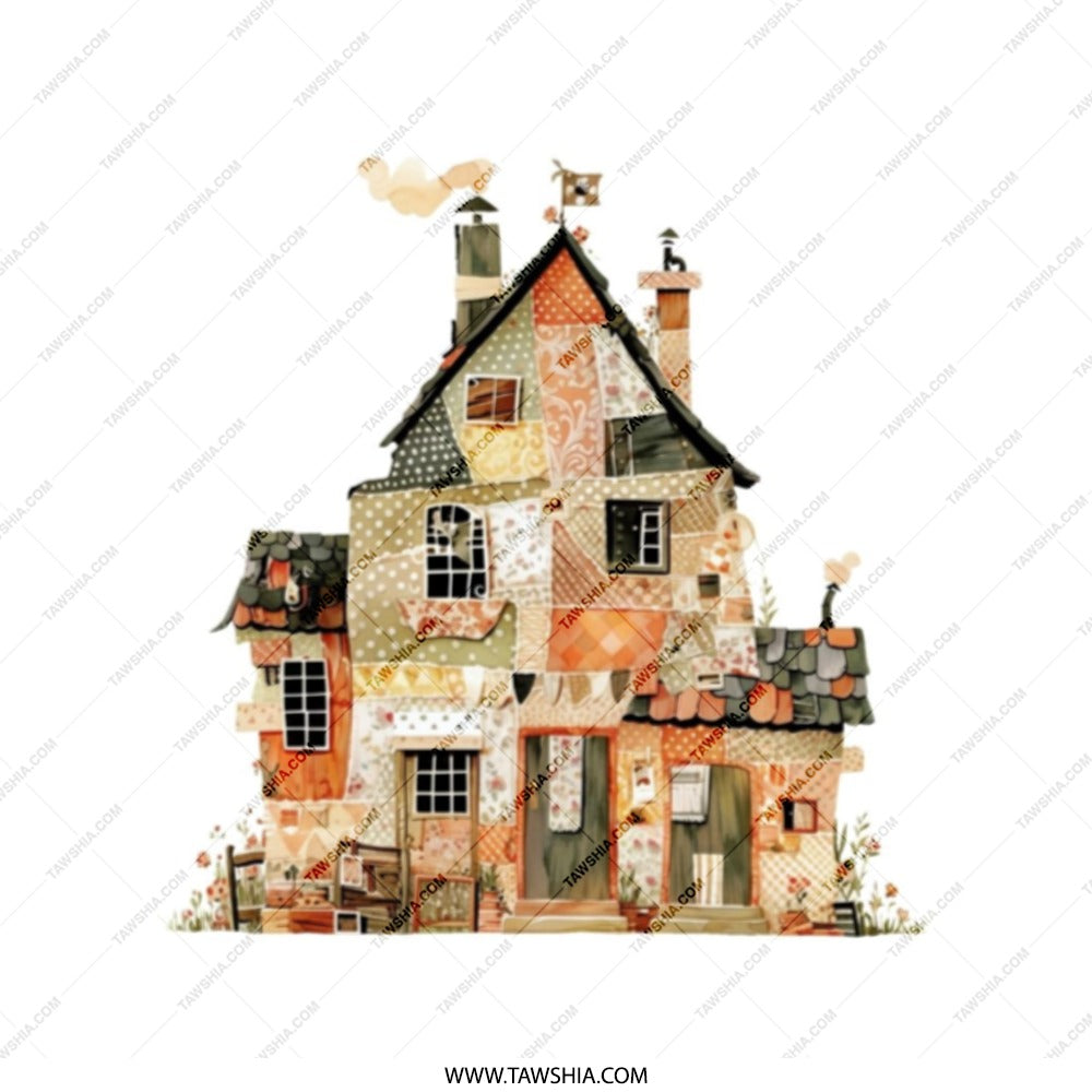 Quilted House Tote Bag, Whimsical Cottage Design, Unique Art Tote, Cute Home Illustration, Everyday Bag, Gift Idea, Artsy Bag - Tawshia