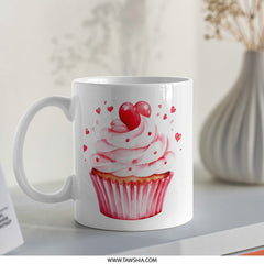 Cupcake Mug, Watercolor Design, Heart Decor, Sweet Treat, Valentines Day Gift, Coffee Lover Gift, Unique Mug, Novelty Gift, Dessert Mug - Tawshia