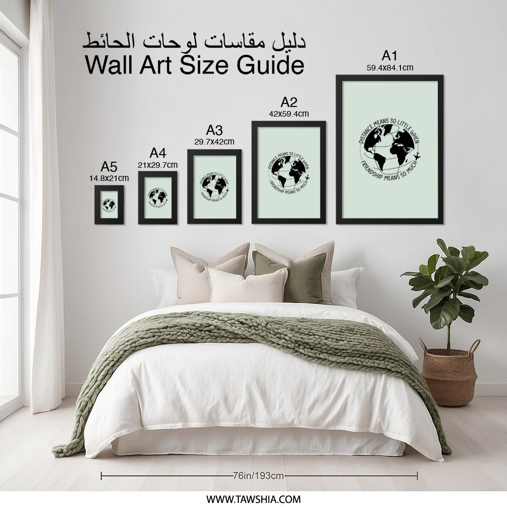 Friendship Wall Art, Distance Means Little, Travel Wall Decor, Friendship Gift, Globe Art Print, Long Distance Gift, Airplane Decor - Tawshia