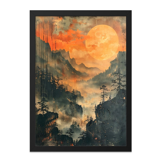 Full Moon Landscape Wall Art, Mountain Forest Scenery Print, Celestial Wall Decor, Misty Valley Artwork, Nature Inspired Home Decor - Tawshia