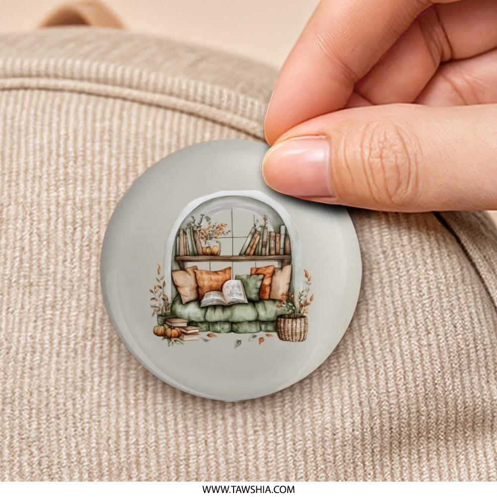 Book Nook Pinback Button, Reading Corner, Cozy Home Decor, Autumn Leaves, Book Lover Gift, Literary Accessories, Bookcase Button - Tawshia