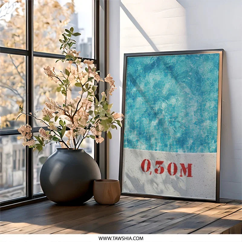 Pool Water Wall Art, Red Depth Sign, Cool Blue Waves, Summer Vibes Print, Home Decor Artwork, Modern Aesthetic Photo - Tawshia