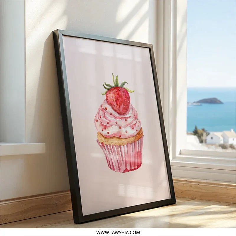 Strawberry Cupcake Wall Art, Watercolor Painting, Sweet Treat Decor, Kitchen Art Print, Bakery Poster, Foodie Gift Idea - Tawshia