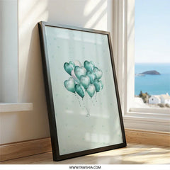 Teal Heart Balloons Wall Art, Watercolor Balloons Print, Teal Nursery Decor, Kids Room Art, Balloon Illustration, Framed Wall Art - Tawshia