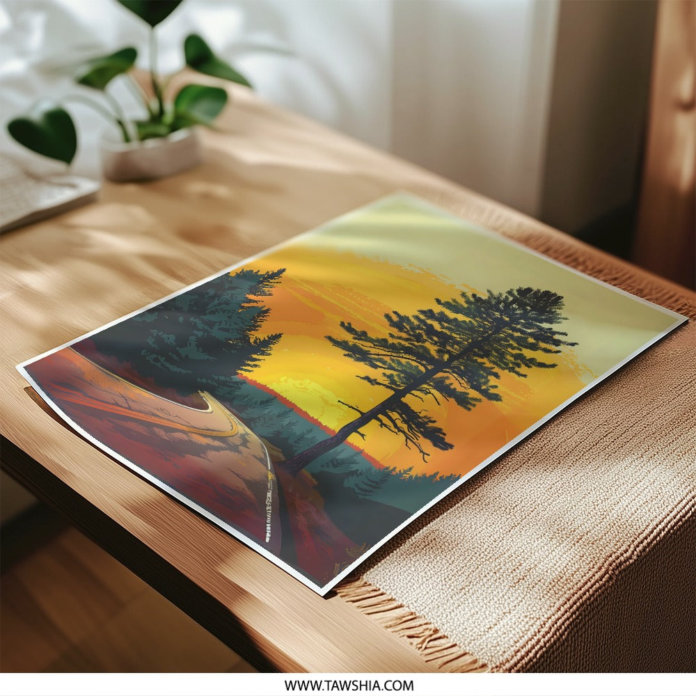 Sunset Road Trip Photographic Print, Landscape Wall Art, Pine Tree Art, Nature Photography, Warm Tone Photo, Roadside Decor - Tawshia