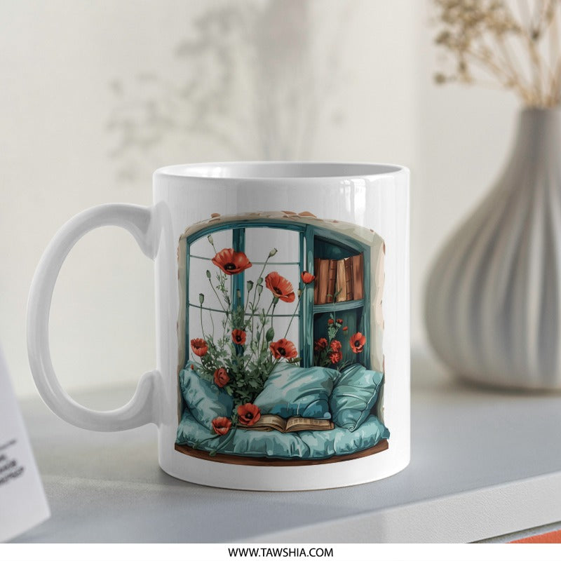 Window Seat Mug, Poppies and Books, Cozy Reading Nook Gift, Book Lover Present, Floral Mug, Literary Mug, Readers Gift, Home Decor - Tawshia