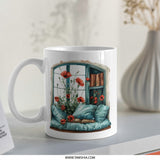 Window Seat Mug, Poppies and Books, Cozy Reading Nook Gift, Book Lover Present, Floral Mug, Literary Mug, Readers Gift, Home Decor - Tawshia