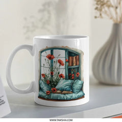 Window Seat Mug, Poppies and Books, Cozy Reading Nook Gift, Book Lover Present, Floral Mug, Literary Mug, Readers Gift, Home Decor - Tawshia