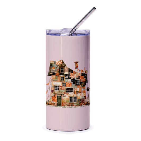 Patchwork House Tumbler, Quilted Home Design, Cozy Cottage Cup, Unique Drinkware, Gift for Home Decor Lover - Tawshia
