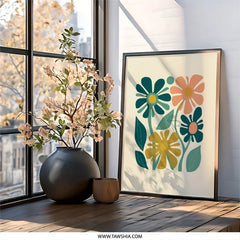 Retro Floral Wall Art, 70s Inspired Print, Flower Power Decor, Mid Century Modern Wall Decor, Botanical Art Print - Tawshia