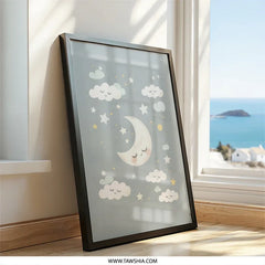 Sleepy Moon Wall Art, Nursery Decor, Starry Night Print, Baby Room Art, Kids Wall Decor, Dreamy Cloud Art, Cute Wall Art, Moon and Stars Art - Tawshia