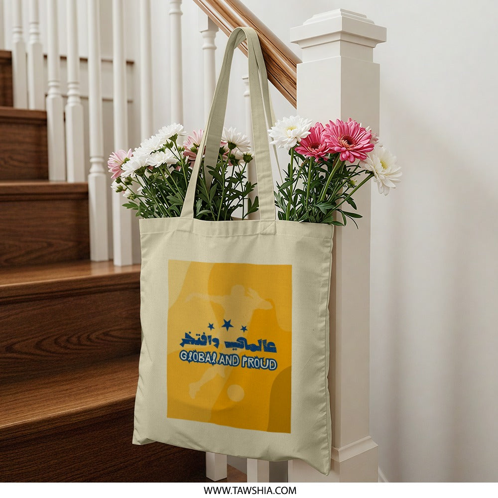 Global and Proud Tote Bag, Athlete Graphic Art, Motivational Arabic Script, Stars Design, Stylish Carryall, Reusable Shopping Bag - Tawshia