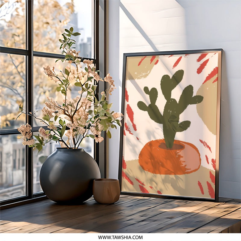 Abstract Cactus Wall Art, Desert Plant Print, Modern Home Decor, Botanical Wall Decor, Boho Cactus Art, Southwest Artwork, Potted Plant Art - Tawshia