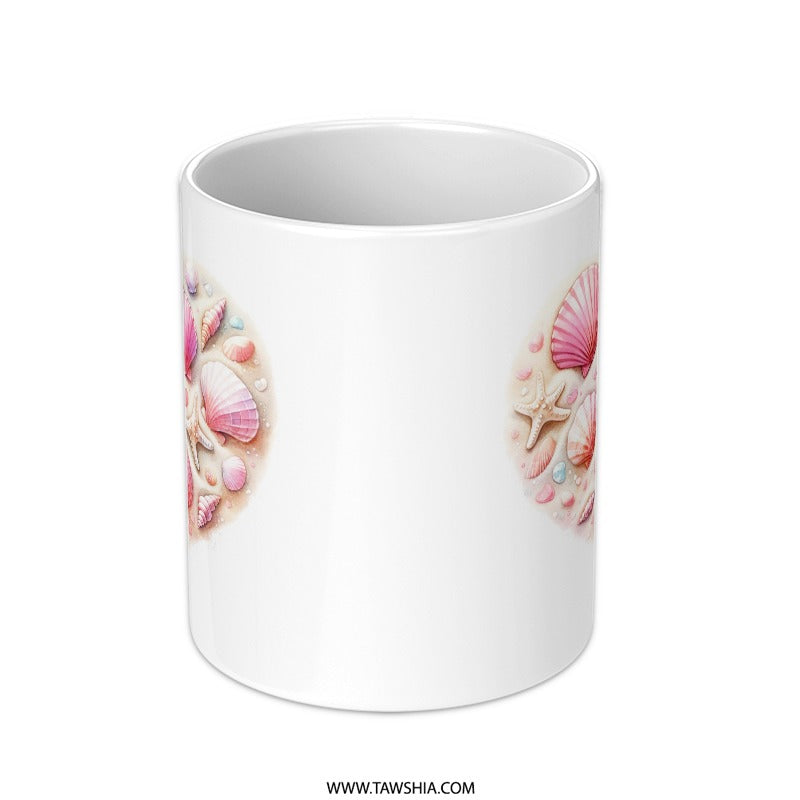 Seashell Heart Mug, Beach Lover Gift, Coastal Decor, Ocean Theme Mug, Pink Seashells Coffee Mug - Tawshia