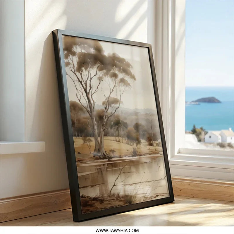 Australian Landscape Wall Art, Eucalyptus Tree Print, Lake Scene Painting, Nature Art Decor, Neutral Tones Print, Modern Wall Decor - Tawshia