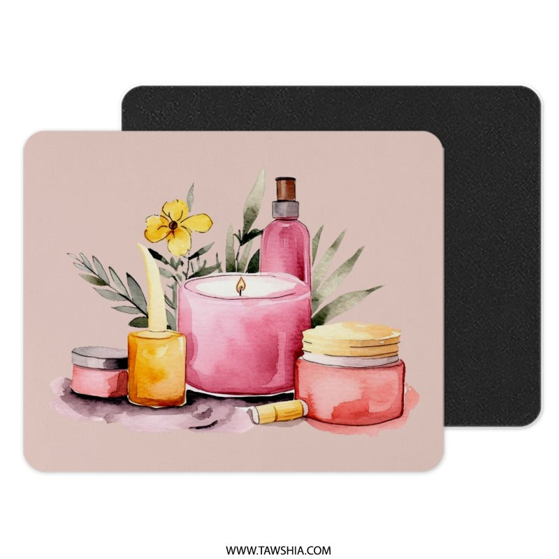 Watercolor Spa Mouse Pad, Aesthetic Desk Decor, Candle Mousepad, Relaxing Office Gift, Botanical Pink Mousepad, Cute Desk Mat - Tawshia