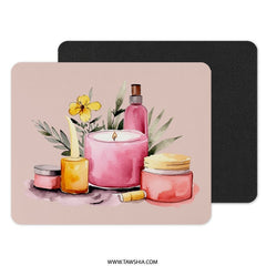 Watercolor Spa Mouse Pad, Aesthetic Desk Decor, Candle Mousepad, Relaxing Office Gift, Botanical Pink Mousepad, Cute Desk Mat - Tawshia