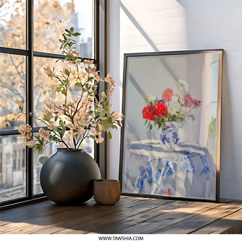 Floral Still Life Wall Art, Flower Bouquet Painting, Vase Artwork, Kitchen Decor, Bright Wall Decor, Cozy Home Art, Framed Art Print - Tawshia