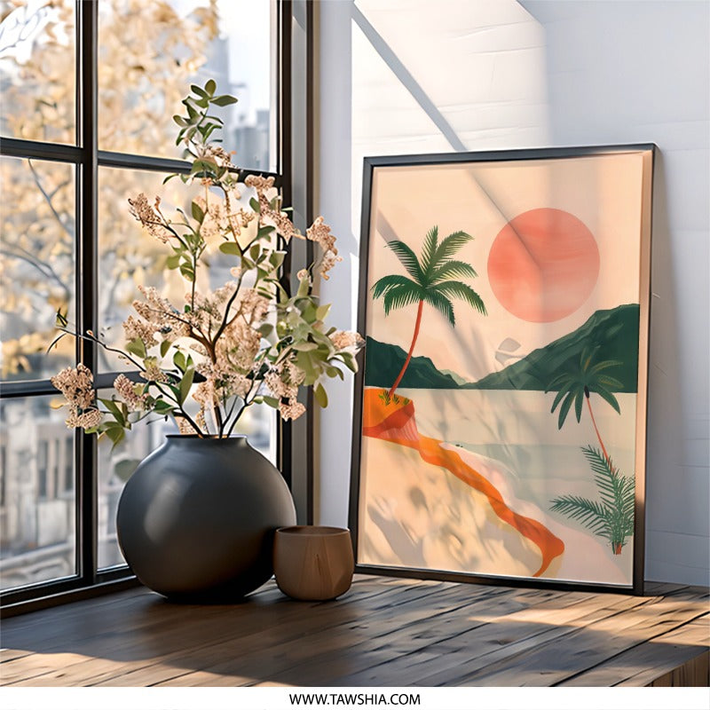 Tropical Beach Wall Art, Palm Tree Print, Sunset Seascape Poster, Coastal Home Decor, Island Vibes Artwork, Summer Getaway Scene - Tawshia