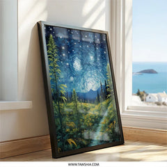 Starry Night Sky Wall Art, Cannabis Field Landscape Art, Impressionist Painting Style Wall Decor, Modern Home Art, Nature Inspired Art - Tawshia