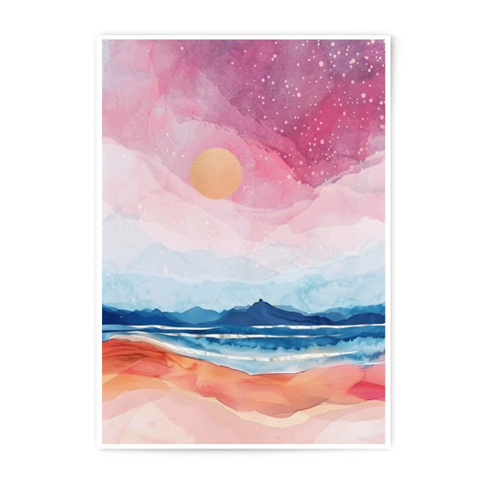Watercolor Beach Photographic Print, Pink Sky Art, Sunset Seascape Photo, Coastal Decor, Abstract Landscape Print, Wall Art, Home Decor - Tawshia