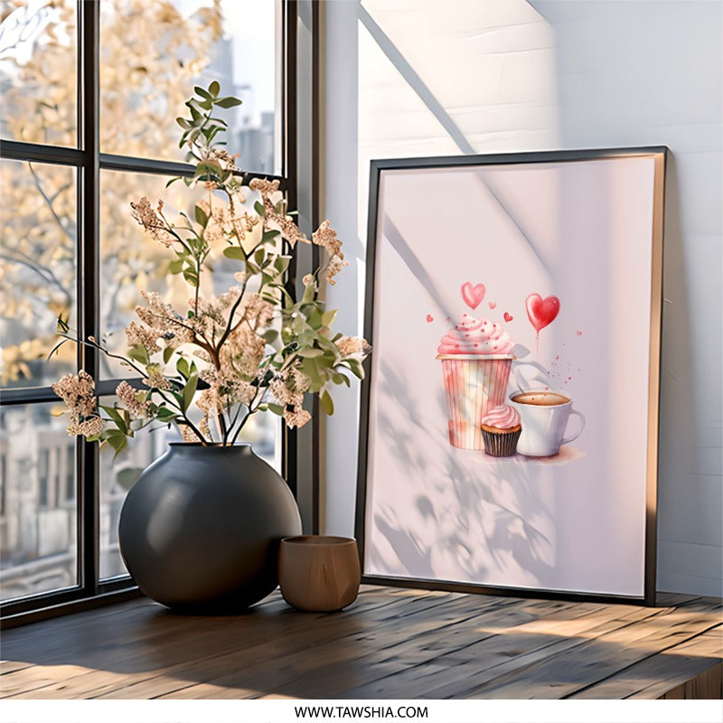 Cupcake and Coffee Wall Art, Watercolor Painting, Sweet Treats Print, Kitchen Decor, Valentine's Day Gift, Pink Food Art - Tawshia