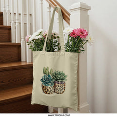 Succulent Tote Bag, Leopard Planter Art, Botanical Print Bag, Cactus Tote, Plant Lover Gift, Stylish Shopping Bag, Unique Design Tote Bag - Tawshia