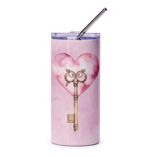 Key to My Heart Tumbler, Watercolor Heart Tumbler, Valentine's Day Gift, Romantic Gift Tumbler, Decorative Tumbler, Key to Love Tumbler - Tawshia