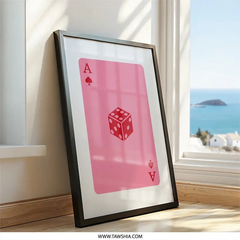 Ace of Spades Dice Wall Art, Pink Card Art Print, Lucky Gaming Decor, Modern Minimalist Wall Hanging, Casino Theme Art - Tawshia