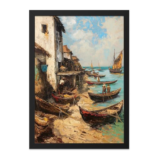 Coastal Village Wall Art, Boat Painting Print, Beach Scene Artwork, Fishermen by the Sea, Nautical Decor, Framed Art Print - Tawshia