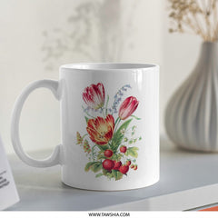 Tulip and Strawberry Mug, Floral Mug, Botanical Mug, Flower Mug, Nature Mug, Gift Mug, Coffee Mug, Tea Mug, Kitchen Decor - Tawshia