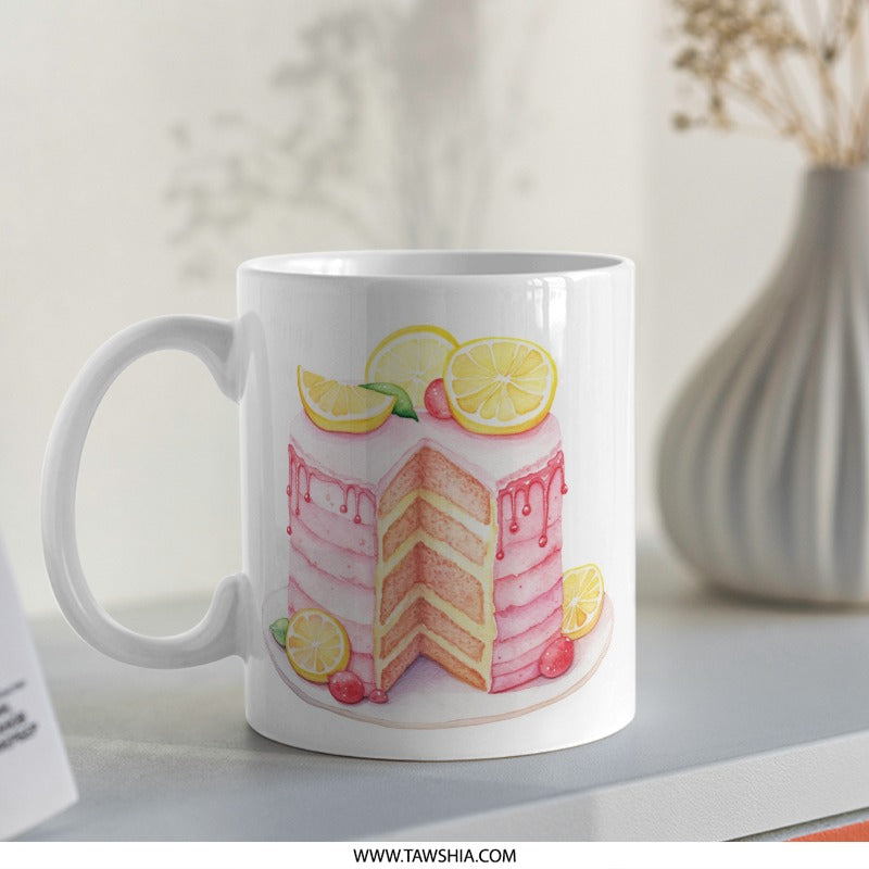 Watercolor Cake Mug, Lemon Cake Slice Coffee Mug, Dessert Lover Gift, Birthday Gift Idea, Foodie Mug, Cute Mug for Her, Pastry Mug - Tawshia