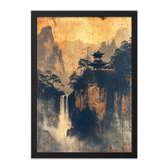 Oriental Waterfall Wall Art, Japanese Pagoda Art, Asian Landscape Print, Mountain Temple Poster, Peaceful Scenery Artwork - Tawshia