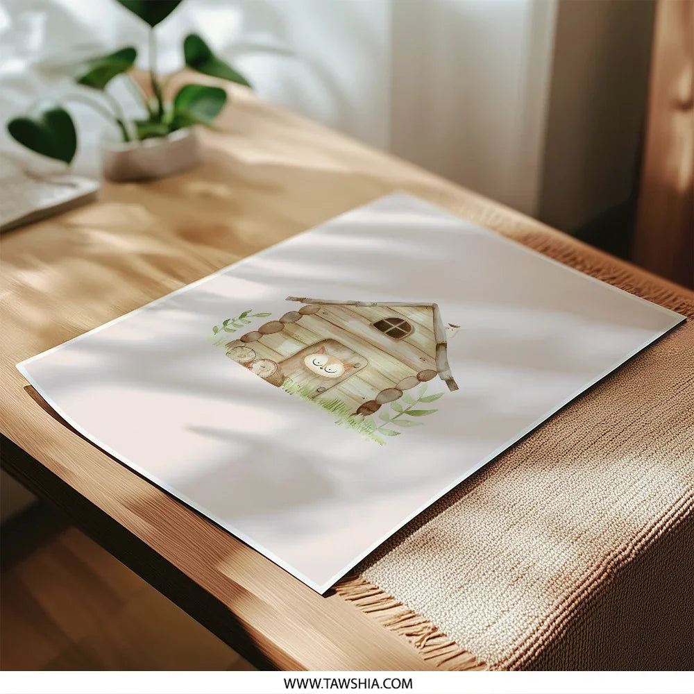 Watercolor Cabin Photographic Prints, Cute Owl House Print, Whimsical Nursery Wall Art, Woodland Animal Art, Kids Room Decor - Tawshia