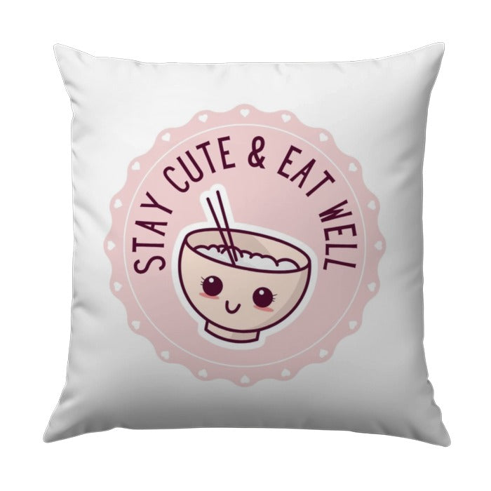 Stay Cute and Eat Well Pillow, Kawaii Food Home Decor, Cute Noodles Cushion, Asian Foodie Gift, Aesthetic Room Decor, Cartoon Bowl - Tawshia
