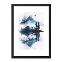 Misty Mountain Wall Art, Blue Landscape Print, Serene Lake Reflection, Forest Art Print, Nature Wall Decor, Minimalist Artwork, Home Decor - Tawshia