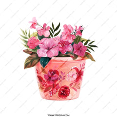 Floral Tote Bag, Pink Hibiscus Flower Pot Design, Stylish Everyday Bag, Reusable Shopping Bag, Gift for Plant Lovers, Trendy Canvas Tote - Tawshia