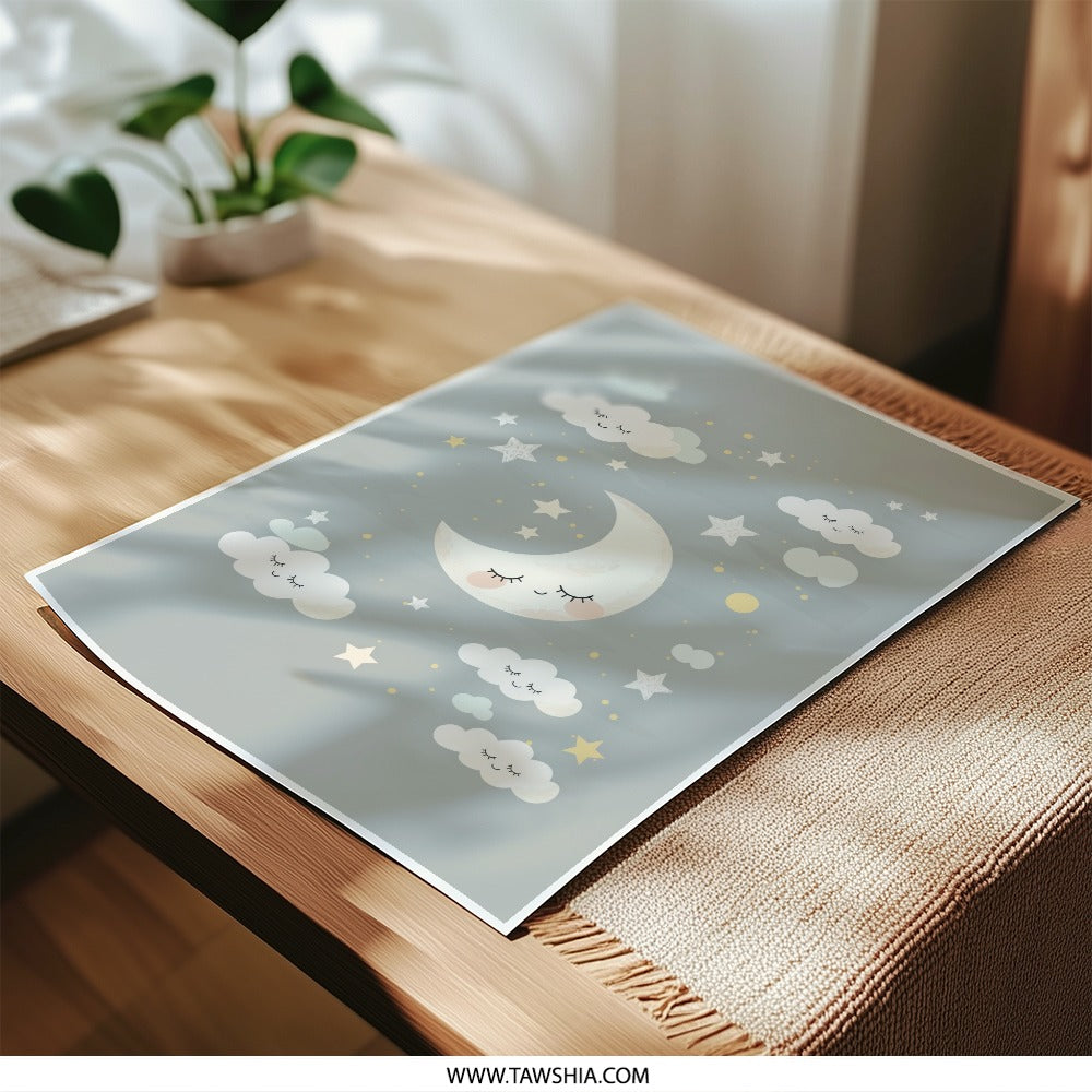 Moon and Stars Photographic Print, Nursery Wall Art, Kids Room Decor, Sleepy Moon Print, Baby Shower Gift, Celestial Art Print - Tawshia