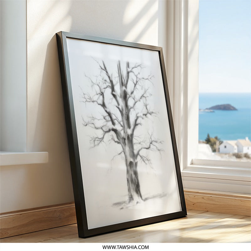 Winter Tree Wall Art, Charcoal Drawing Print, Nature Home Decor, Minimalist Art, Black and White Landscape, Framed Wall Art - Tawshia