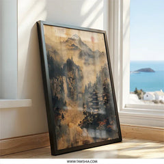 Japanese Wall Art, Temple Art Print, Mountain Landscape Decor, Asian Painting, Zen Decor, Oriental Fine Art, Pagoda Wall Art - Tawshia