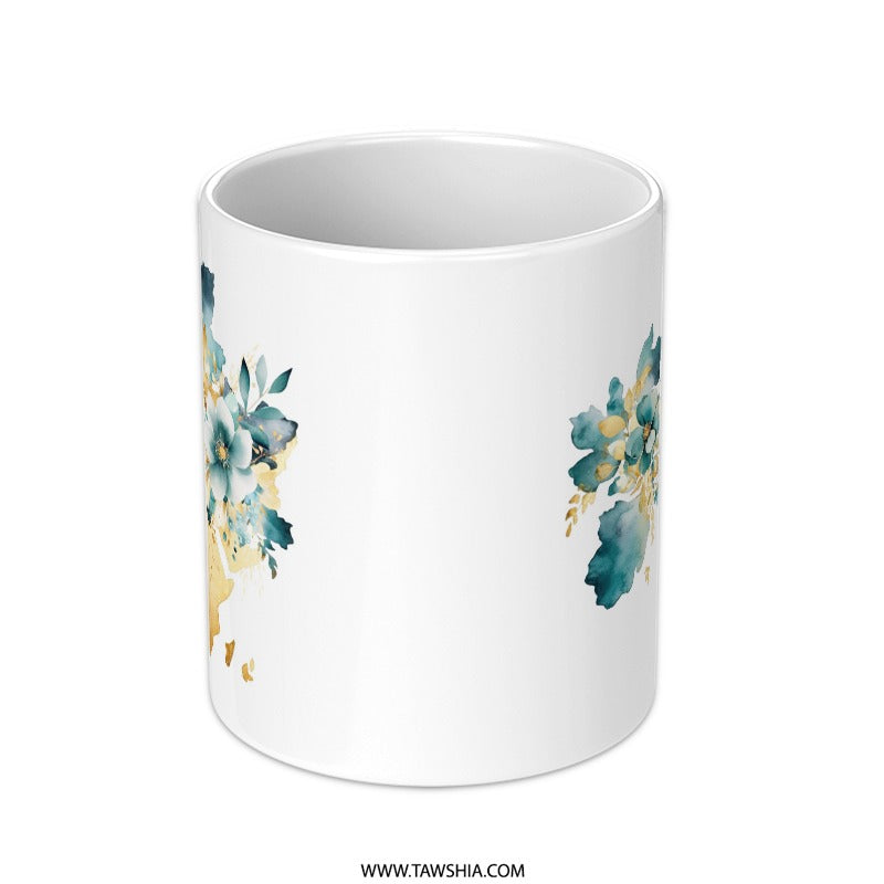 Floral World Map Mug, Teal and Gold Coffee Mug, Travel Lover Gift, Globe Trotting Mug, Watercolor Flower Mug, Artistic Mug Gift - Tawshia