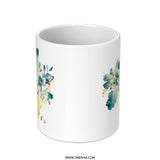Floral World Map Mug, Teal and Gold Coffee Mug, Travel Lover Gift, Globe Trotting Mug, Watercolor Flower Mug, Artistic Mug Gift - Tawshia