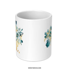 Floral World Map Mug, Teal and Gold Coffee Mug, Travel Lover Gift, Globe Trotting Mug, Watercolor Flower Mug, Artistic Mug Gift - Tawshia