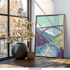 Bridge Wall Art Print, River Landscape Art, Scenic View Poster, Mountain Bridge Decor, Nature Wall Art, Minimalist Art Print - Tawshia