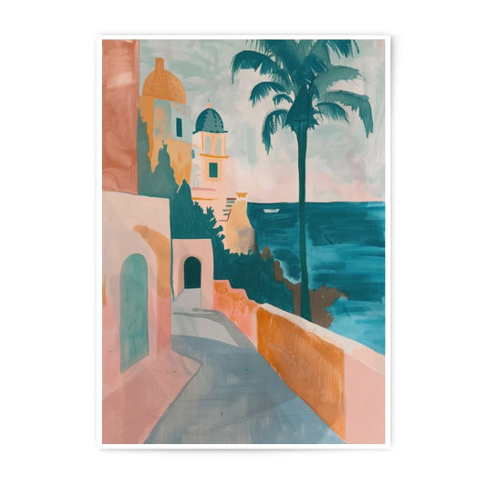 Coastal Photographic Print, Tropical Palm Tree Art, Seaside Town Print, Ocean View Photography, Italy Inspired Wall Art, Home Decor - Tawshia