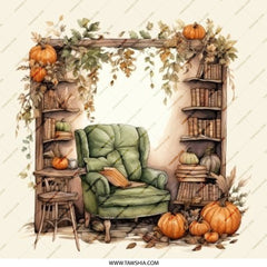 Autumn Reading Nook Pinback Button, Cozy Fall Bookshelf Button, Pumpkin Patch Pin, Literary Gift Idea, Book Lover Accessories - Tawshia